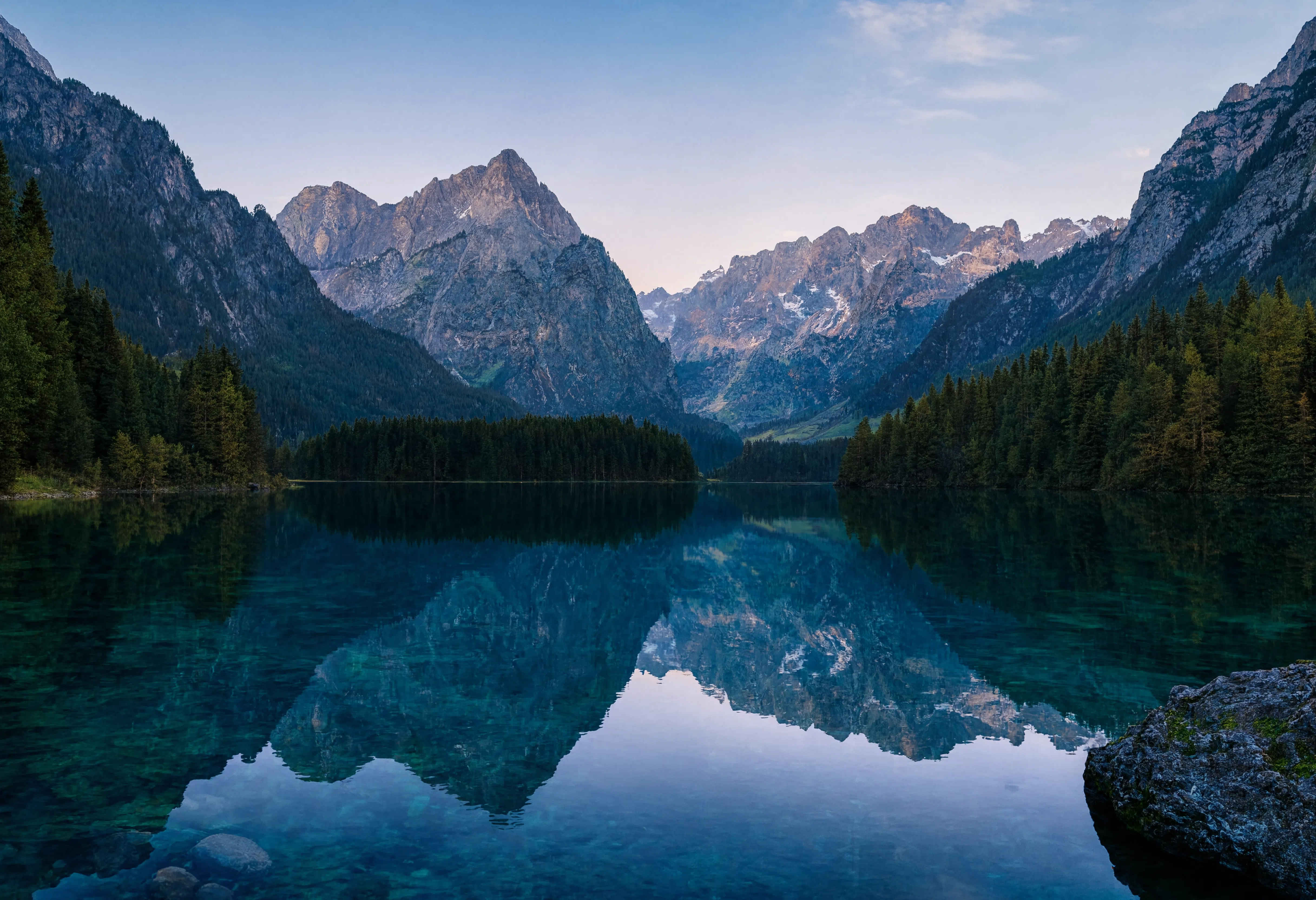 Morgenreflexion auf einem bayerischen Bergsee — spiegelglattes Wasser