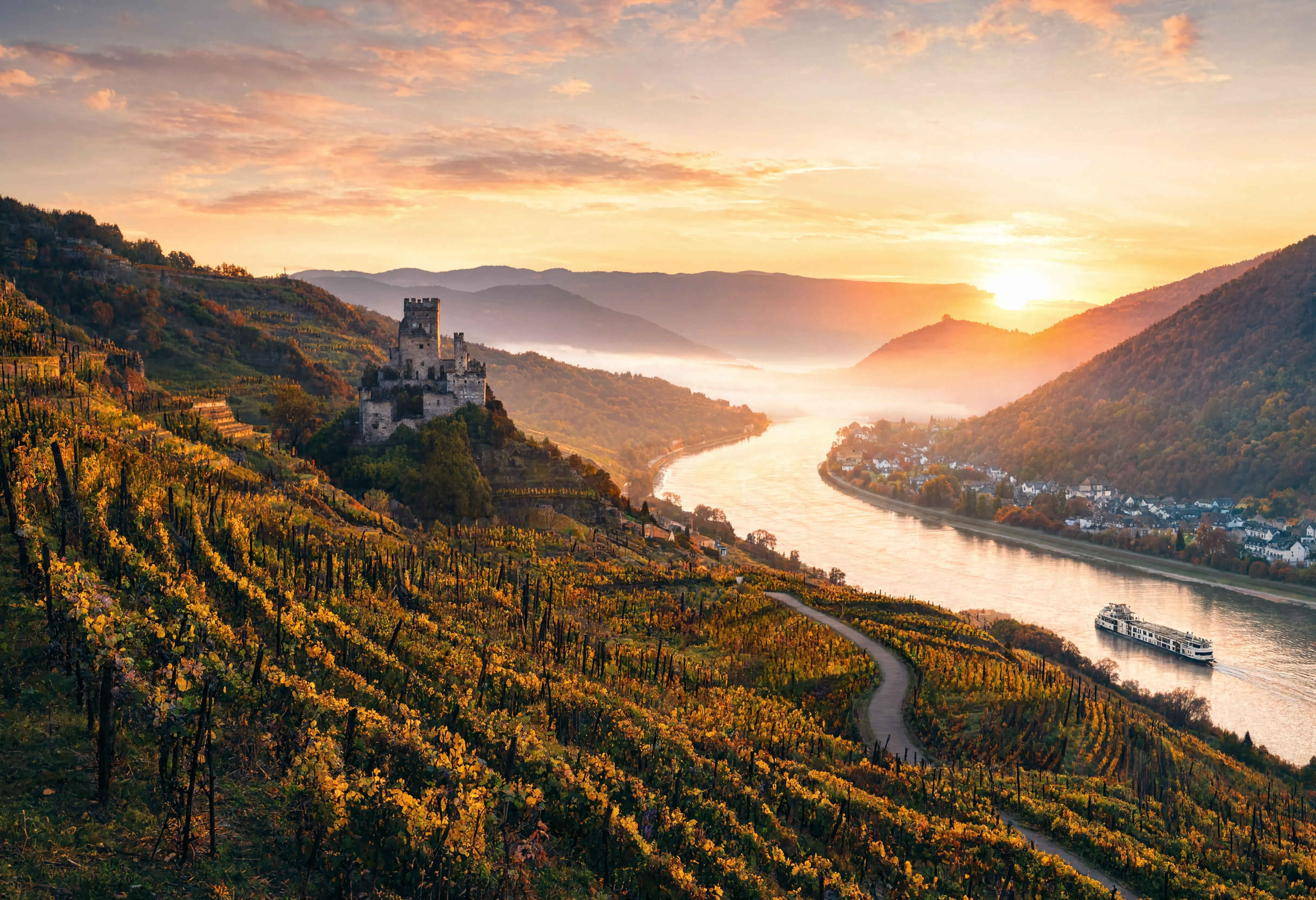 Morgennebel über dem Rheintal — goldenes Licht über grünen Weinbergen